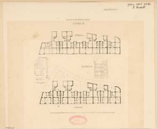Wohnhausgruppe, Bochum Monatskonkurrenz Juni 1884: Grundriss Erdgeschoss, Obergeschoss, Querschnitt; Maßstabsleiste, Kostenrechnung