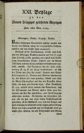 XXI. Beylage zu den Neuen Leipziger gelehrten Anzeigen. Zum 1sten Nov. 1795.