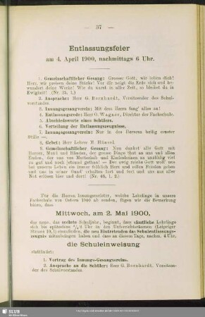 Entlassungsfeier am 4. April 1900, nachmittags 6 Uhr