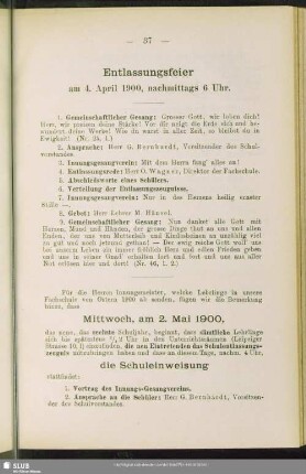 Entlassungsfeier am 4. April 1900, nachmittags 6 Uhr