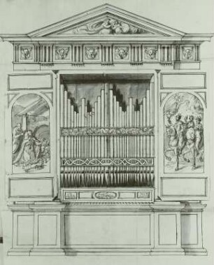 Entwurf einer Orgel für die Schloßkapelle in Dresden : Benedetto Tola: Entwurf einer Orgel (nicht ausgeführt) für die Schloßkapelle in Dresden. 1563. Zeichnung, Feder in Braun; 175 x 71 mm. Dresden: Hauptstaatsarchiv Dresden loc.35822