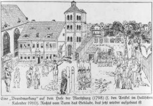 Halle (Saale), Moritzburg, Innenhof, Darstellung einer Brandmarkung (Grafik)