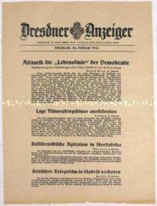 Nachrichtenblatt "Dresdner Anzeiger" u.a. zum Unterseebootkrieg im Atlantischen Ozean
