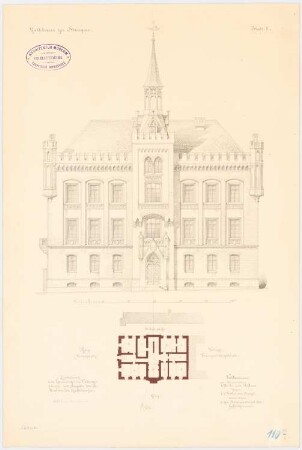 Rathaus, Striegau 3. Projekt: Ausführungsentwurf: Grundriss Keller; Aufriss Hauptansicht; Maßstabsleiste