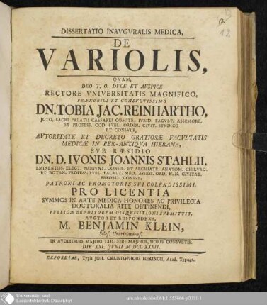 Dissertatio Inavgvralis Medica, De Variolis