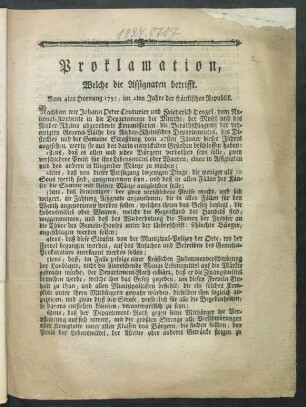 Proklamation, Welche die Assignaten betrifft : Vom 4ten Hornung 1793, im 2ten Jahre der fränkischen Republik