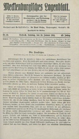 Nr. 10. Rostock, Sonntag, den 10. Januar 1914. [i.e. 1915]