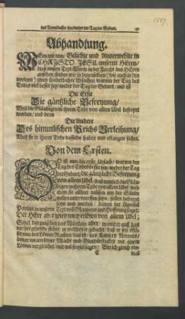 Abhandlung. Von dem Ersten. [Die gänzliche Befreyung/ Weil die Gläubigen in ihrem Tode von allen Übel befreyet werden/]