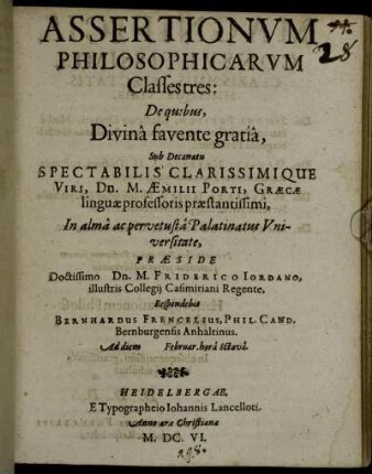 Assertionum Philosophicarum Classes tres