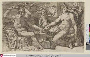 Vénus assise dans la forge de Vulcain occupé à forger les traits de l'Amour