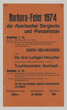 "Barbara-Feier 1974 der Auerbacher Bergleute und Pensionisten"