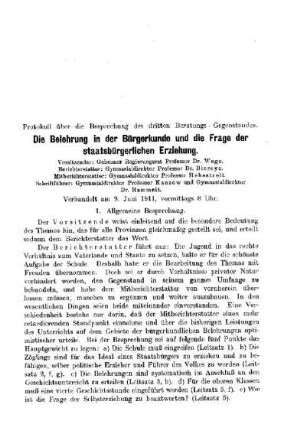 Die Belehrung in der Bürgerkunde und die Frage der staatsbürgerlichen Erziehung : [Protokolle der Verhandlungen]
