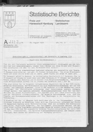 Erwerbstätigkeit, Lebensunterhalt und Haushalte in Hamburg 1976 : Lfd. Nr. 9