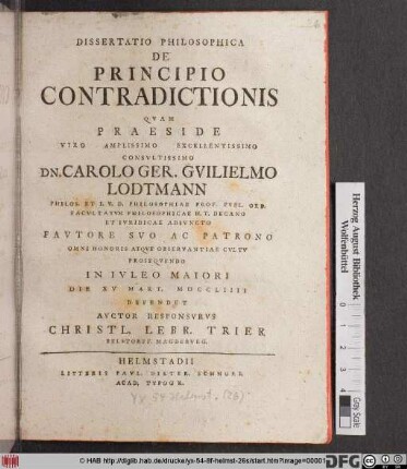 Dissertatio Philosophica De Principio Contradictionis