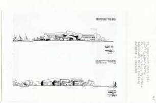 Ausflugsgaststätte, Berlin-Spandau (Diplomarbeit bei Peter Poelzig): Ansichten von Norden, Westen und Schnitt 1:200