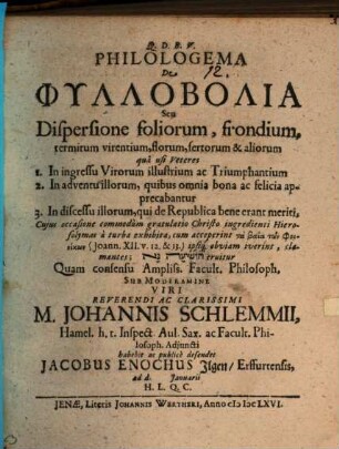 Philologema de phyllobolia, seu dispersione foliorum, frondium ...