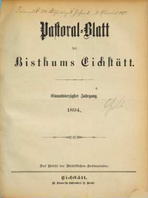Pastoralblatt : Amtsblatt des Bistums Eichstätt. 41. 1894