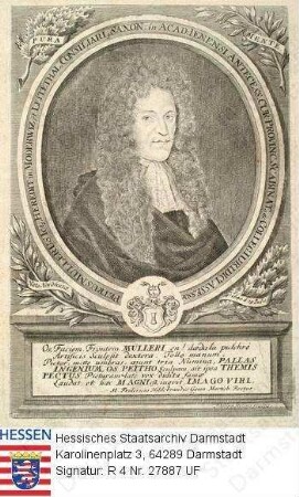 Müller, Peter, Prof. Dr.jur. (1640-1696) / Porträt, linksvorblickendes Brustbild in Medaillon mit lateinischer Sockelinschrift und Wappen