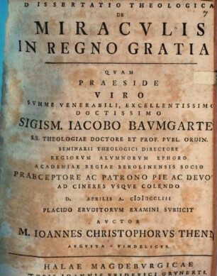 Dissertatio Theologica De Miracvlis In Regno Gratiae