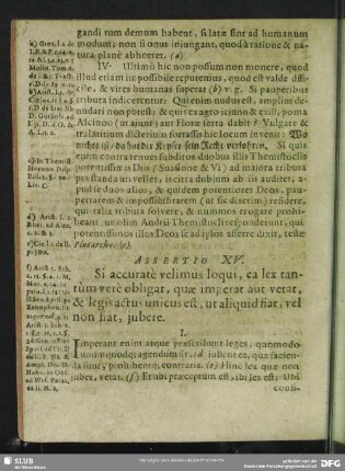 Assertio XV. Si accuratè velimus loqui, ea lex tantùm verè obligat, quae imperat aut vetat, ...