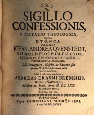 De Sigillo Confessionis, Dissertatio Theologica