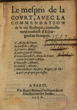 Du mespris de la cour, et de la louange de la vie rustique