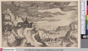 [Landschaft mit einem Flusstal und einer Kirche links auf einem Hügel; Landscape with a River Valley on Right and a Church on a Hill on the Left]