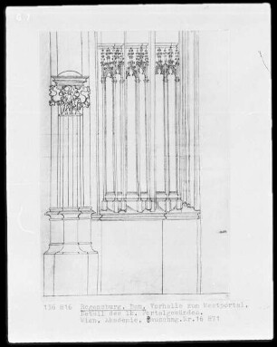 Regensburg, Domkirche Sankt Peter, Vorhalle zum Westportal, Detail am Gewände