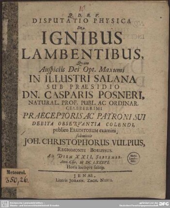 Disputatio Physica De Ignibus Lambentibus