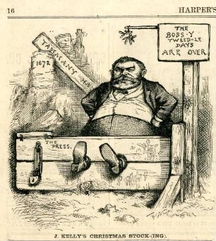 J. Kelly's Christmas stock-(ing) : John Kelly ist in einen Pranger eingeschlossen, der die Presse darstellt