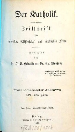 Der Katholik : Zeitschrift für katholische Wissenschaft und kirchliches Leben, 41 = Jg. 59. 1879