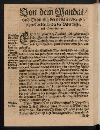 Von dem Mandat/ und Ordnung der Erbarn Wendischen Stedte/ wieder die Widerteuffer und Sacramentirer.