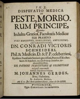 Disputatio Medica De Peste, Morborum Principe