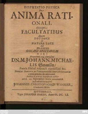 Disputatio Physica De Anima Rationali, eiusque Facultatibus