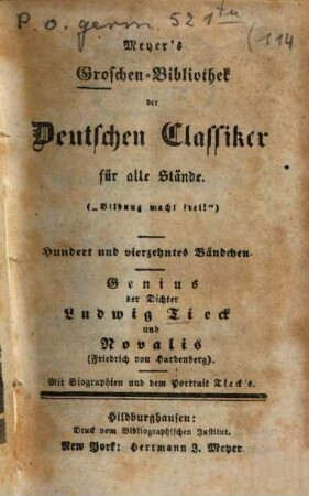 Genius der Dichter Ludwig Tieck und Novalis (Friedrich von Hardenberg) : Mit Biographien und dem Portrait Tiecks