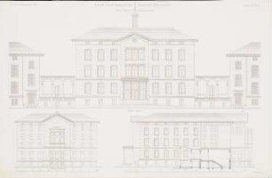 Landesirrenanstalt, Neustadt-Eberswalde: Vorderansicht, Rückansicht, Seitenansicht Verwaltungsgebäude (aus: Atlas zur Zeitschrift für Bauwesen, hrsg. v. G. Erbkam, Jg. 19, 1869)
