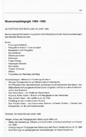 Museumspädagogik 1989-1992