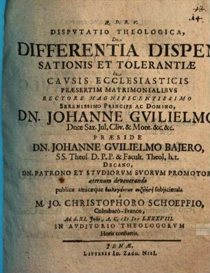 Disp. theol. de differentia dispensationis et tolerantiae in causis ecclesiasticis, praesertim matrimonialibus