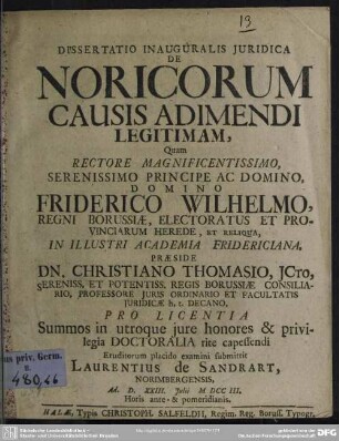 Dissertatio Inauguralis Iuridica De Noricorum Causis Adimendi Legitimam