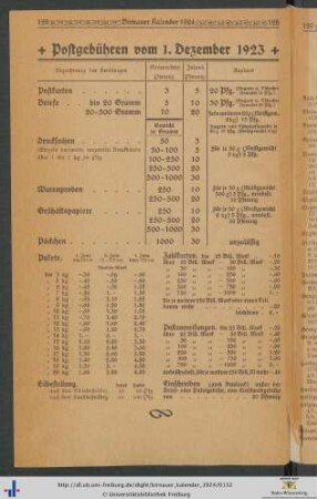 Postgebühren vom 1. Dezember 1923.