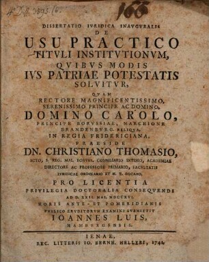 Dissertatio Ivridica Inavgvralis De Usu Practico Titvli Institvtionvm, Qvibvs Modis Ivs Patriae Potestatis Solvitvr