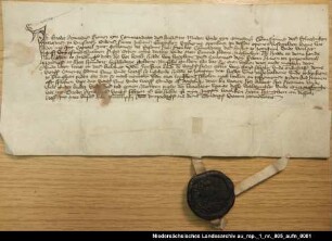 Der Komtur Aynard Lheris von Muhde beurkundet den Tausch von Grundstücken in Mitling und Jemgum zwischen der Kommende Jemgum und der Byawe, Tochter der Schwester Ocka = OUB II, Nr. 897, S. 1 Anhängendes Siegel beschädigt erhalten
