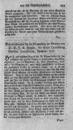 Wahrnehmungen bey der Einimpfung der Blattern.