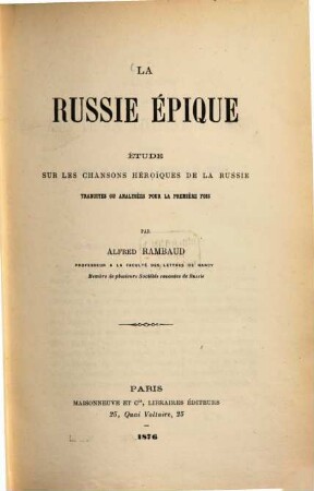 La Russie épique : étude sur les chansons héroïques de la Russie