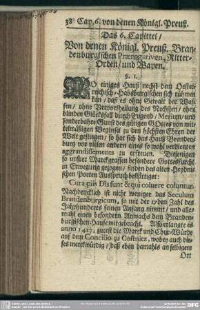 Das 6. Capitel, Von denen Königl. Maj. Brandenburgischen Praerogativen, Ritter-Orden, und Wapen