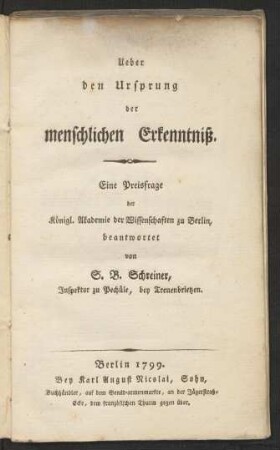 Ueber den Ursprung der menschlichen Erkenntniß : Eine Preisfrage der Königl. Akademie der Wissenschaften zu Berlin
