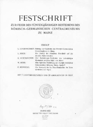 Festschrift zur Feier des fünfzigjährigen Bestehens des Römisch-Germanischen Centralmuseums zu Mainz