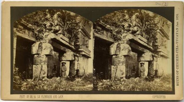 Madame Le Plongeon in front of the temple facade. (presumably Jaguar temple before the excavation)