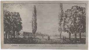Volkspark Jungfernheide, Berlin-Charlottenburg: Perspektivische Ansicht: Blick über den Bade- und Ruderteich auf einen Gebäudekomplex und den Unterstandspavillon