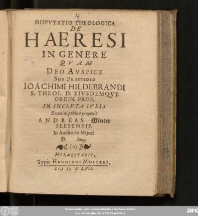 Disputatio Theologica De Haeresi In Genere